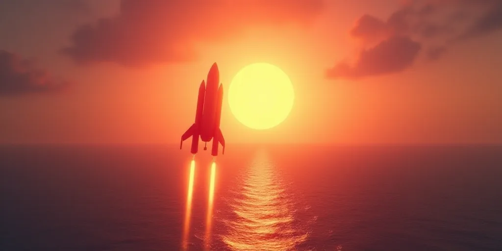 a rocket is flying over the ocean at sunset time with a view of the sun setting behind it and a view