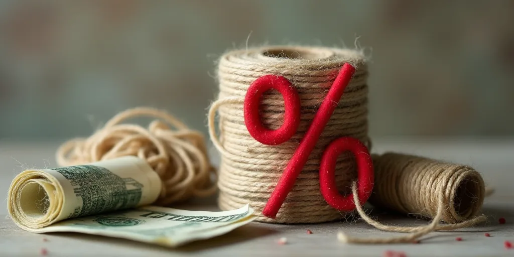 a roll of string with a red percentage sign on it next to some rolled up money and a roll of twine,