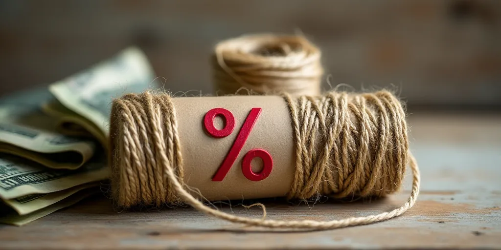 a roll of string with a red percentage sign on it next to some rolled up money and a roll of twine,