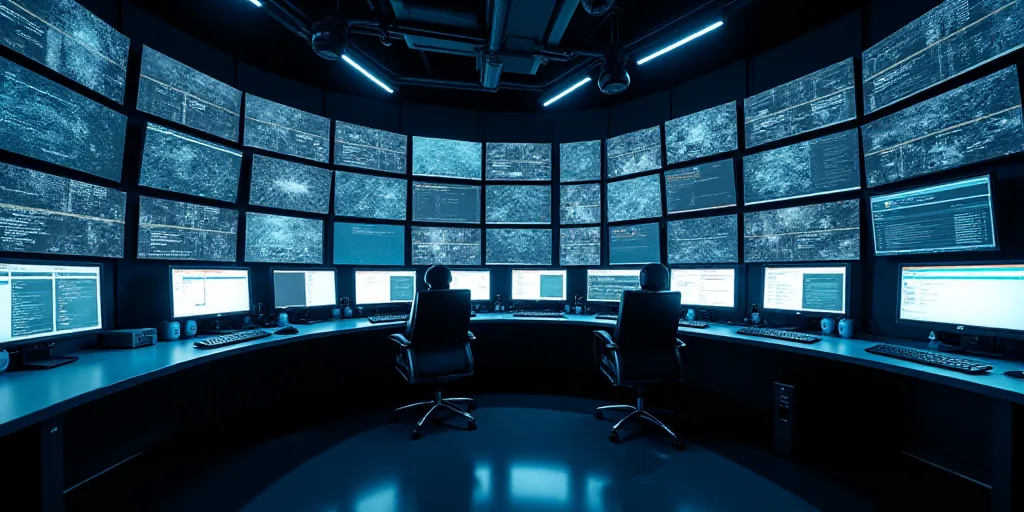 a room filled with lots of computer monitors and monitors on the walls of it's walls are lit up, And