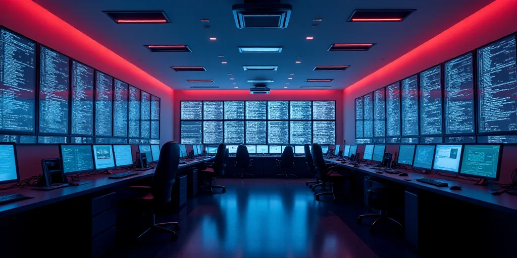 a room filled with lots of computer monitors and monitors on the walls of it's walls are lit up with