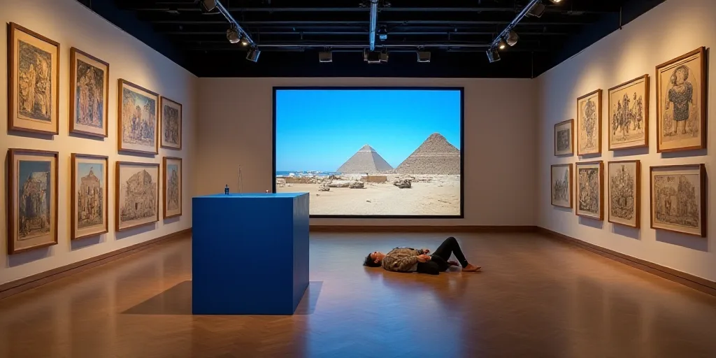 a room with a blue podium and pictures on the wall and a person laying on the floor in front of a sc