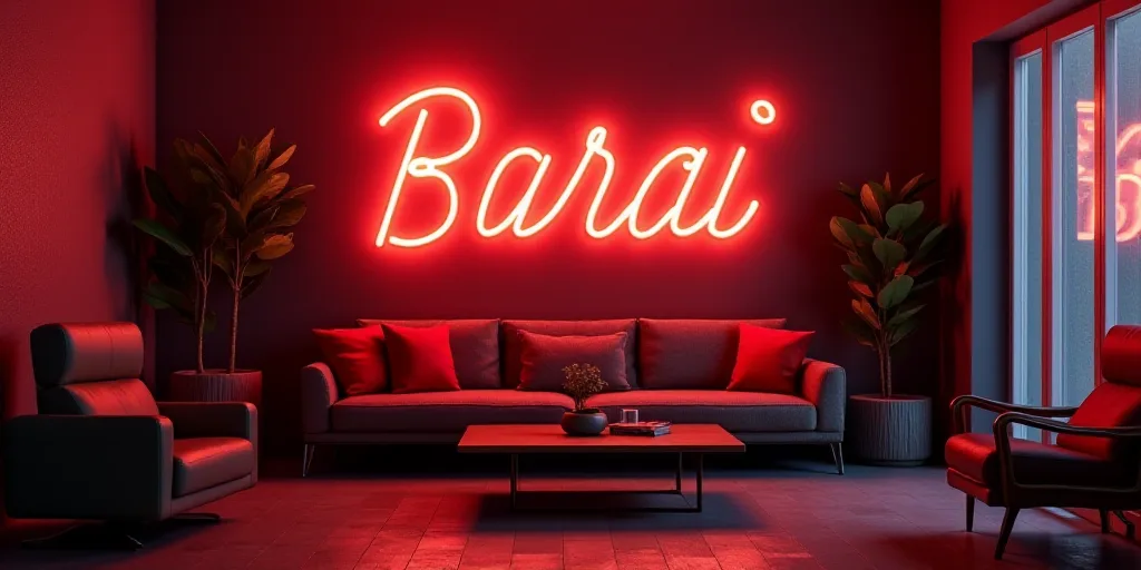 a room with a large neon sign and a couch and chairs in it and a coffee table and chairs, Brassaï,