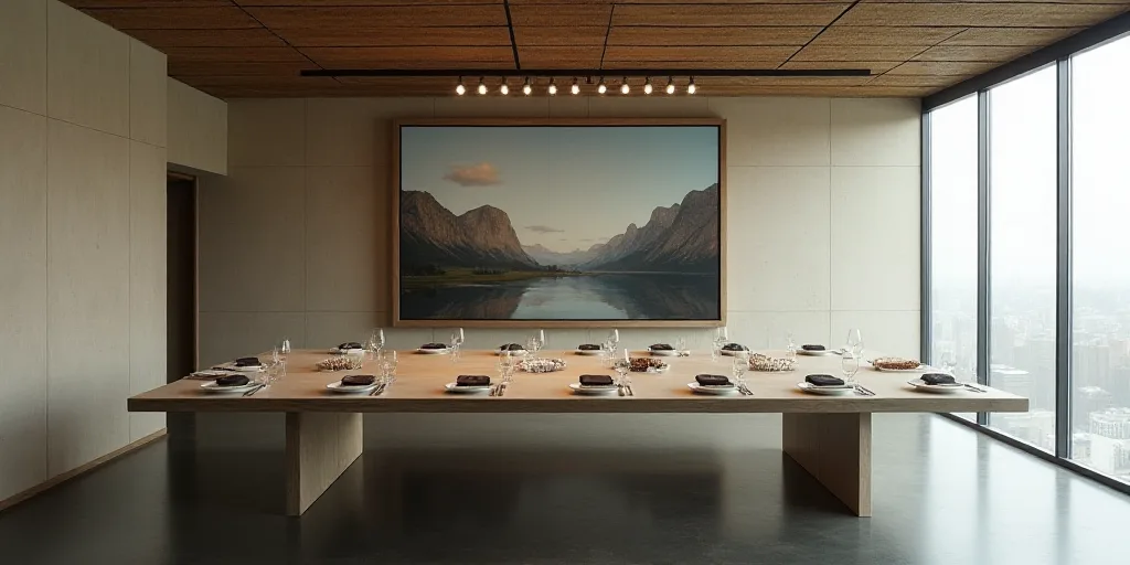 a room with a large painting on the wall and a long table with place settings on it in front of a wi
