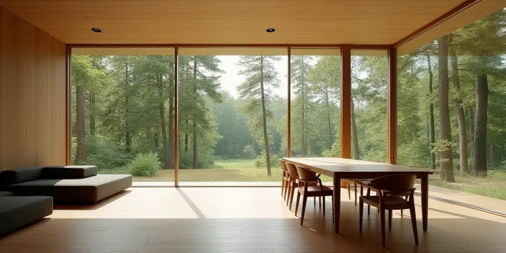a room with a table, chairs, and a couch in it with a view of a forest outside, David Chipperfield,