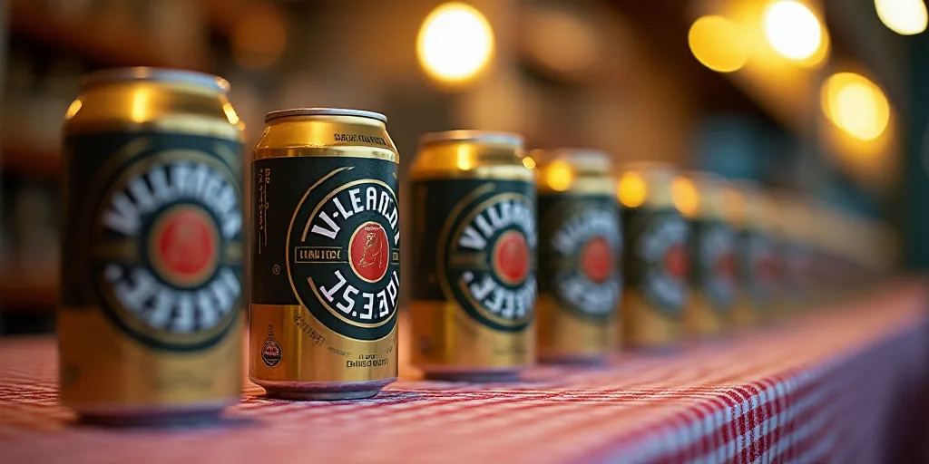 a row of cans of beer sitting on top of a table next to each other on a tablecloth, Allaert van Ever