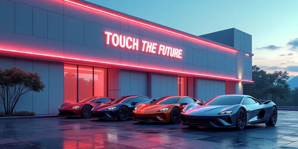 a row of cars parked in front of a building with a sign that says touch the future on it, Cui Bai, f
