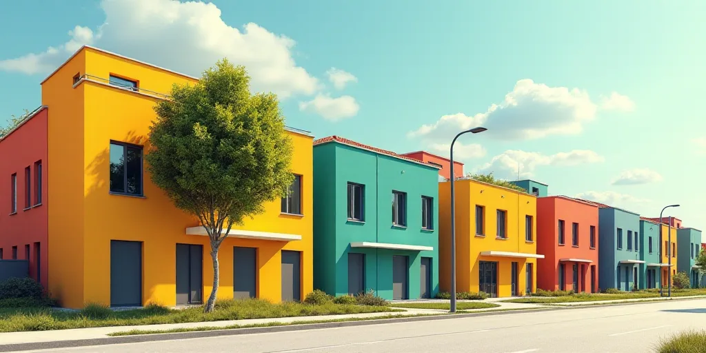 a row of multi - colored buildings with a tree in front of them and a street light in the background