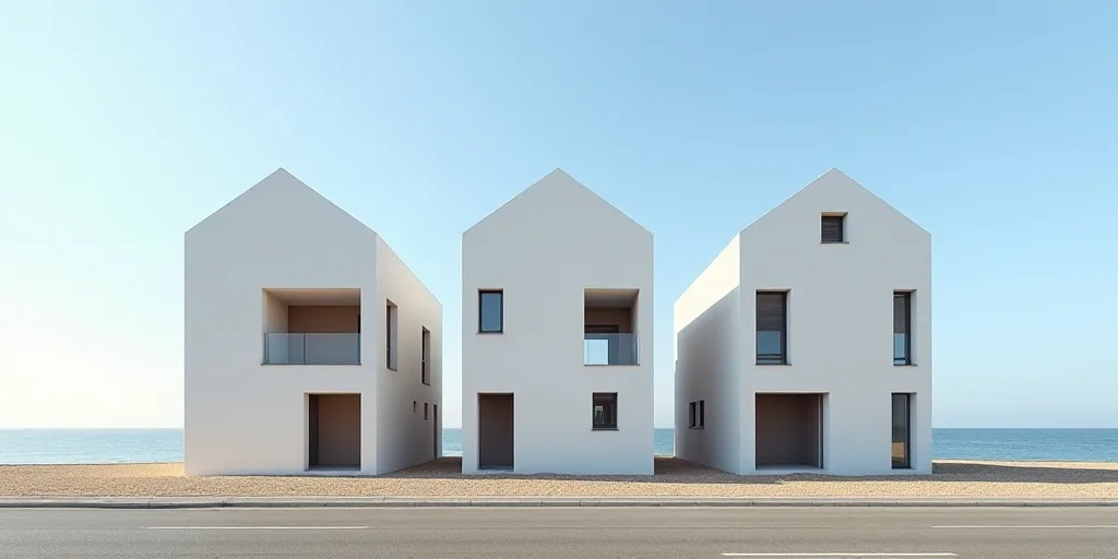 a row of three buildings sitting next to each other on a beach side road with a blue sky in the back