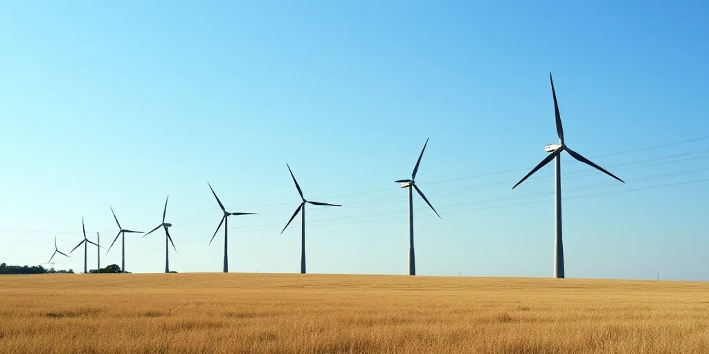 a row of wind turbines in a field with power lines in the background and a blue sky in the backgroun