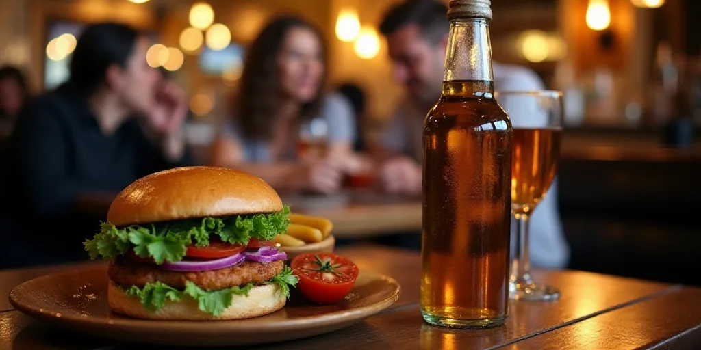 a sandwich and a bottle of alcohol on a table in a restaurant or bar with people sitting around it,