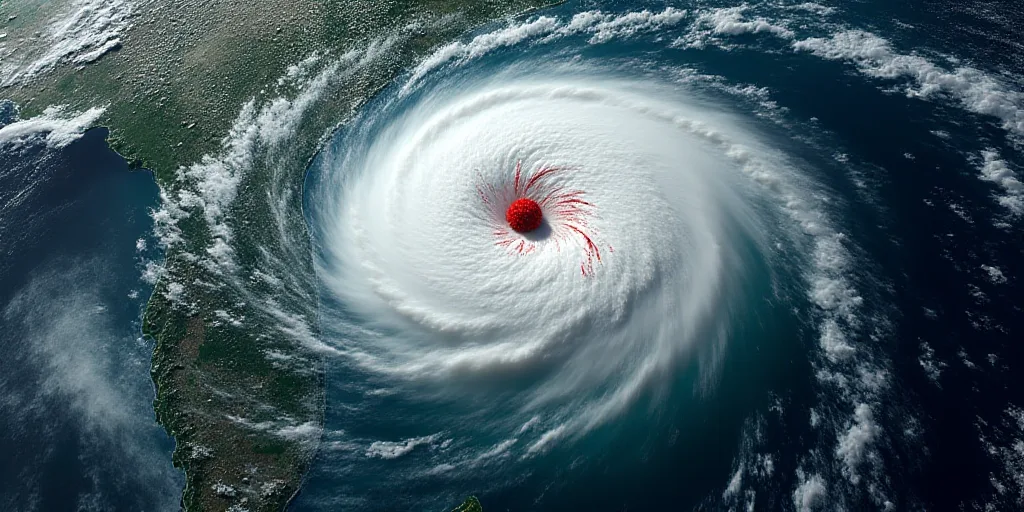 a satellite image of a hurricane in the ocean with a red dot on the top of it and a white dot on the