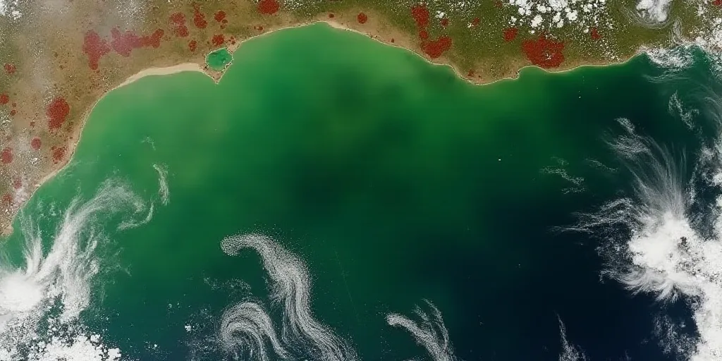 a satellite image of a large body of water and land covered in green algae and brown algaes and red