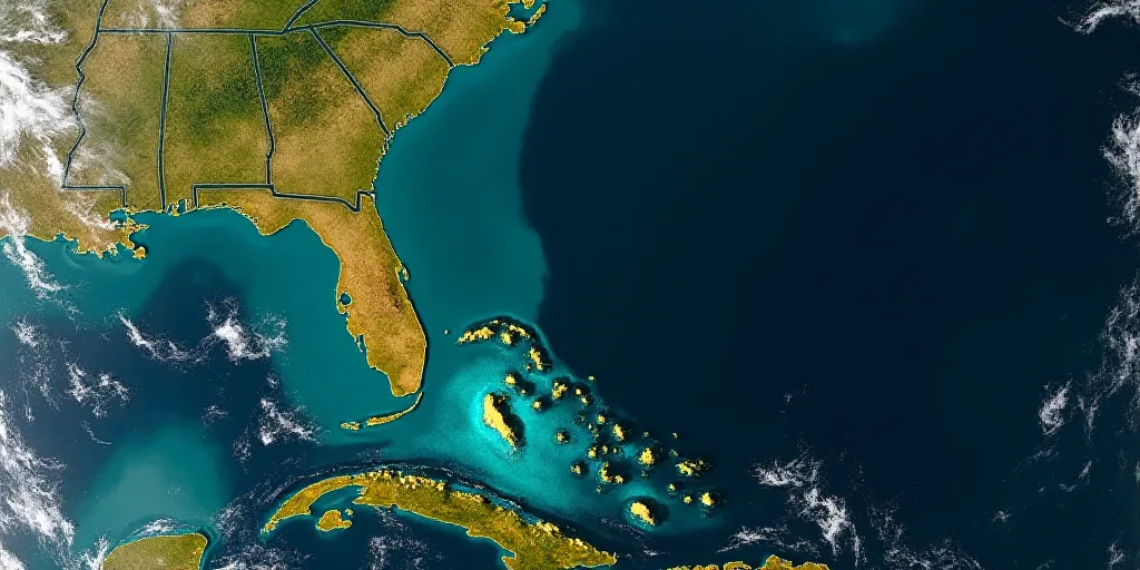 a satellite image of a tropical region with a large amount of water and land cover on it's sides, Ce