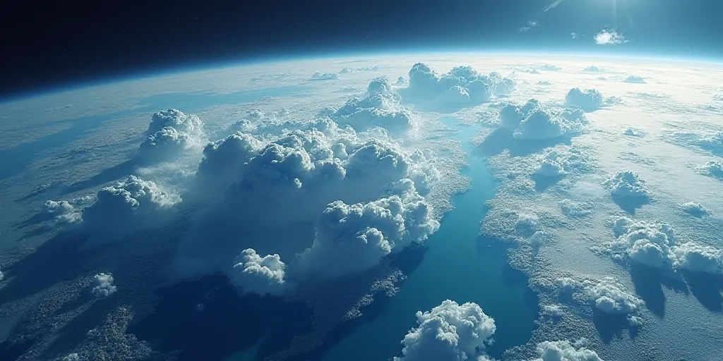a satellite image of the earth with clouds and water on it, and a blue ocean below it, and a few clo