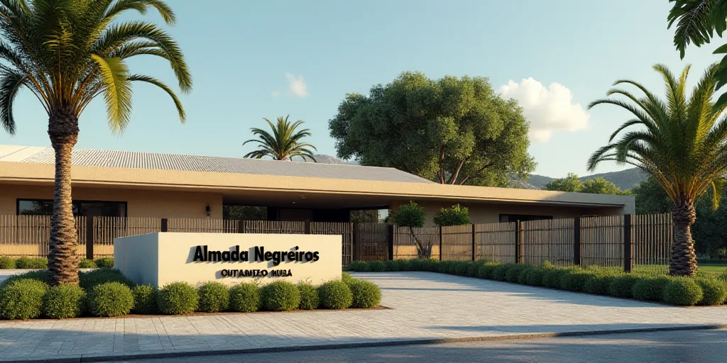 a sign for a building with a palm tree in front of it and a fenced in area behind it, Almada Negreir