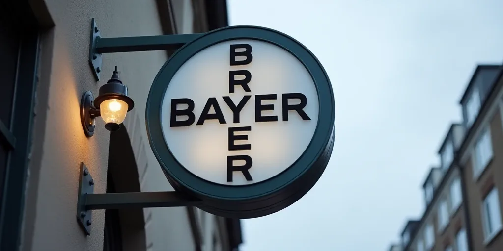 a sign for a business called bayer, with a circular logo on it's side and a circular logo on the sid