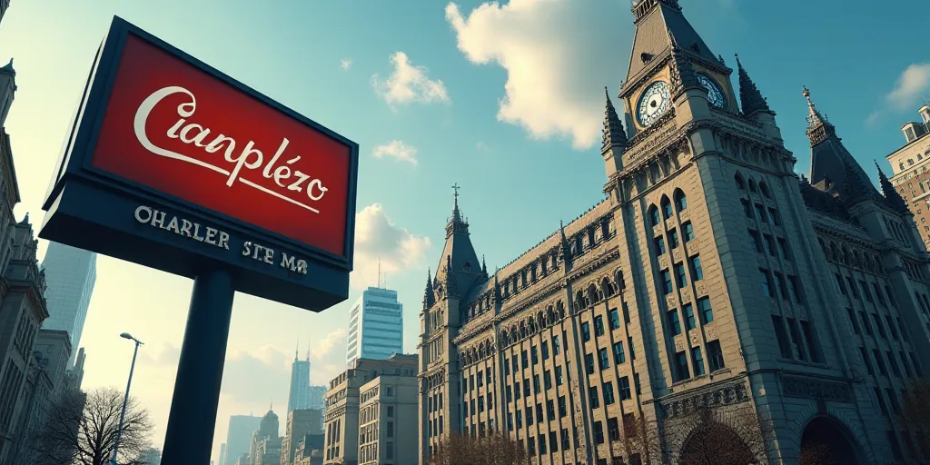 a sign for a company with a building in the background with a clock on it and a building with a sign