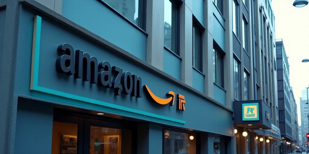 a sign for a store that says amazon on it's side of a building with a blue arrow, Andries Stock, dys