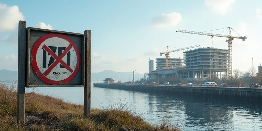 a sign is in front of a building under construction near a street and a body of water with a constru