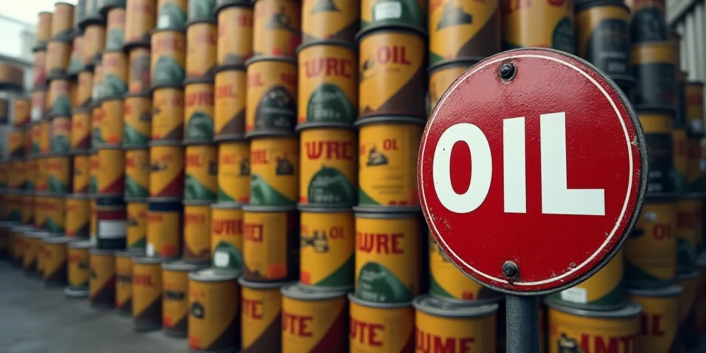 a sign is in front of a large stack of oil cans and cans of oil are in the background, Constant Perm