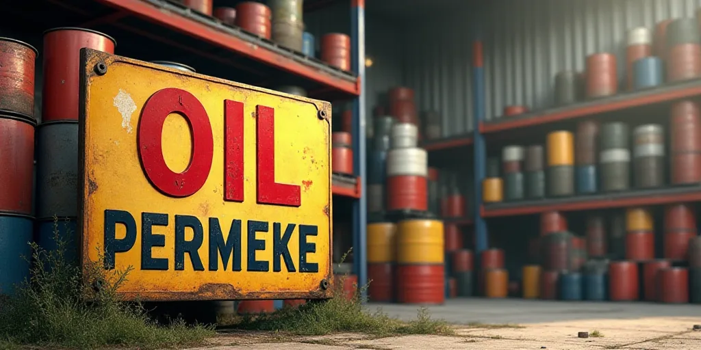 a sign is in front of a large stack of oil cans and cans of oil are in the background, Constant Perm