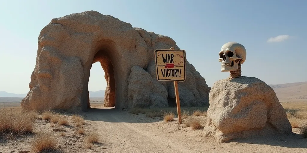 a sign is on the ground next to a rock formation with a sign that says, war, victory, Bela Čikoš S