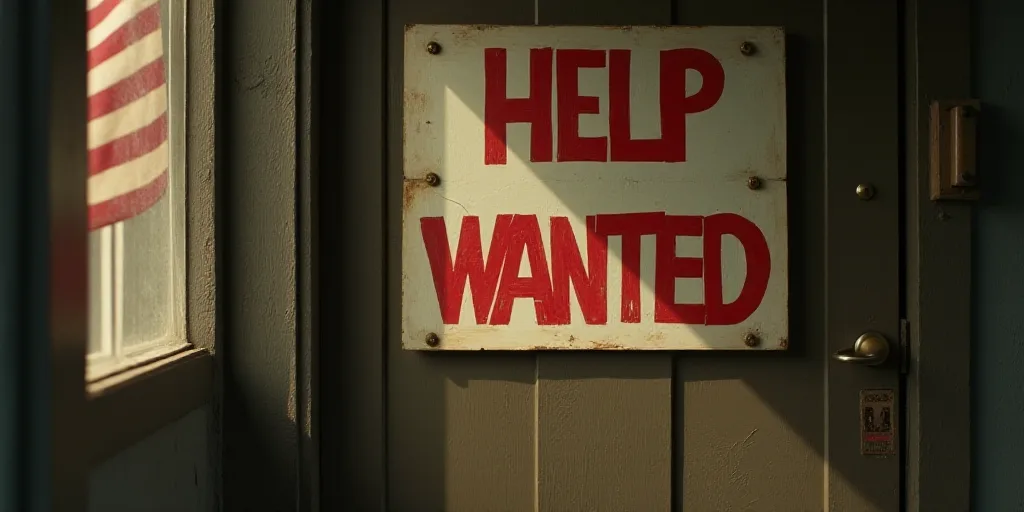 a sign on a door that says help wanted with an american flag in the background and a sticker on the