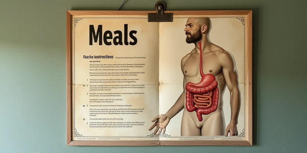 a sign on a wall that says meals and instructions on it with a picture of a man's stomach, Évariste