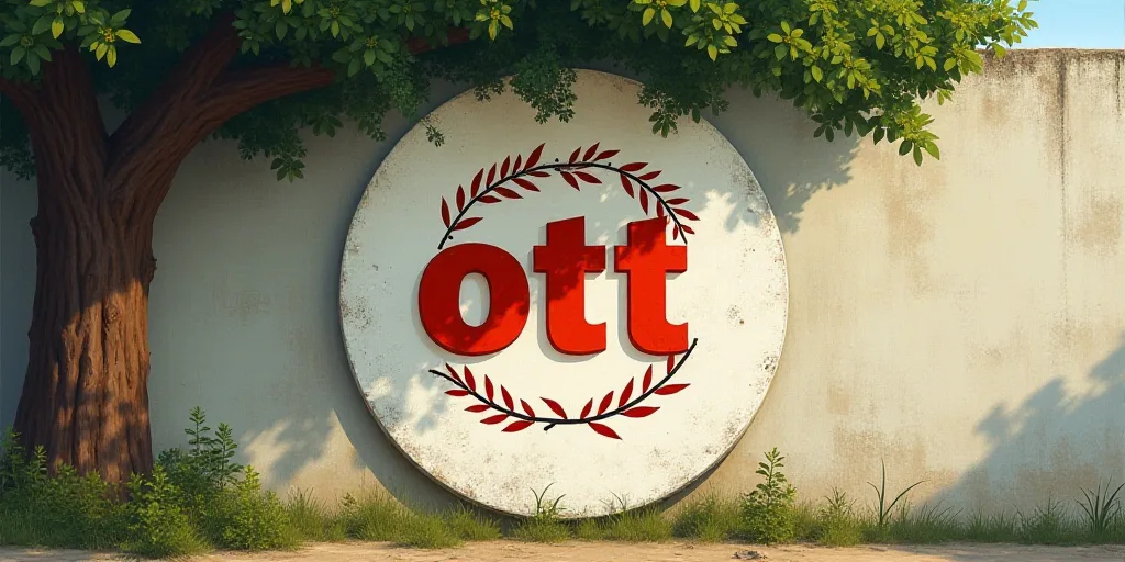 a sign on a wall that says ott in a circle with a wreath on it and a tree in the background, Brigett