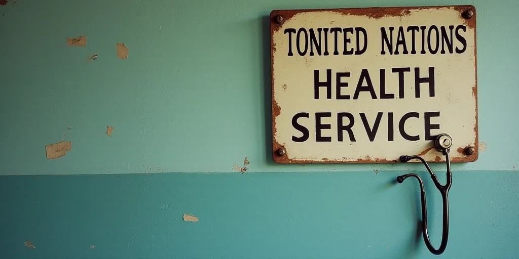 a sign on a wall with a stethoscope on it that says the united nations health service, Évariste Vit