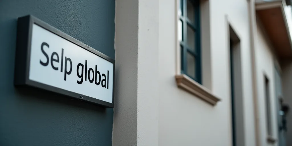 a sign on the side of a building that says selp global on it's side and a window, Felipe Seade, very