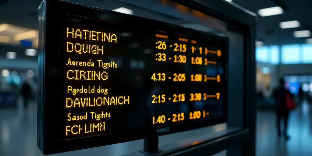 a sign showing the time and times for flights at an airport terminal in the united states of america