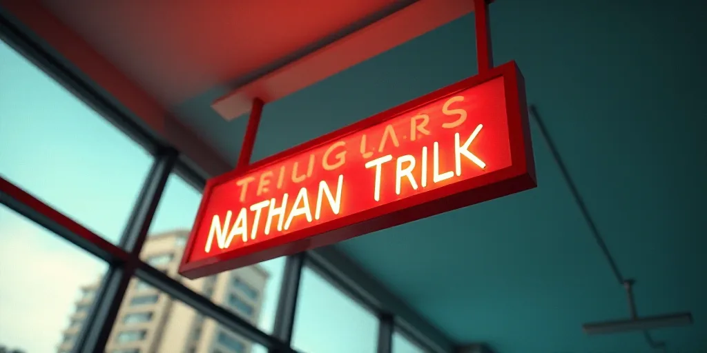 a sign that is hanging from a ceiling in a building with a blue and red background and a red sign th