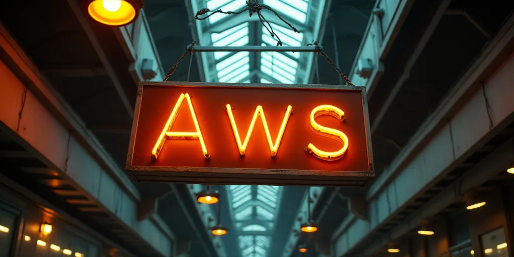 a sign that says aws hanging from the ceiling of a building with lights around it and a large orange