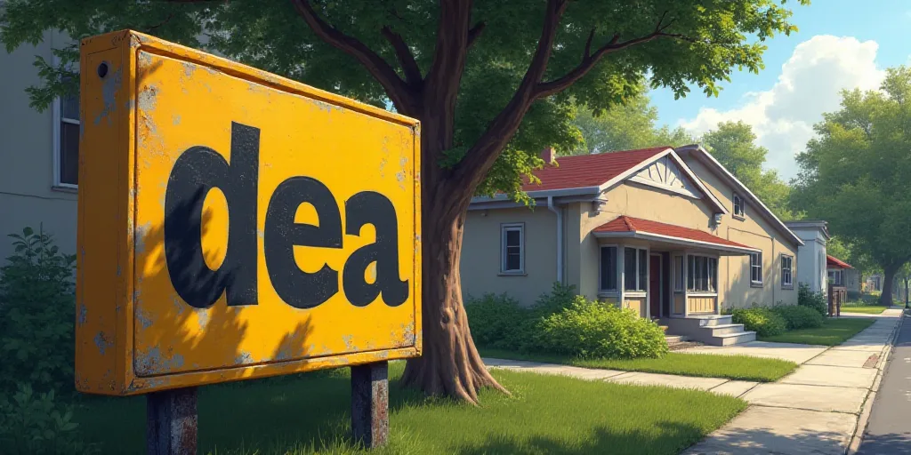 a sign that says dea on it in front of a building with a tree in the background and a building in th