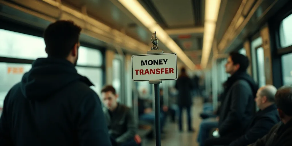 a sign that says money transfer on it and two people standing in the background looking at it in a t