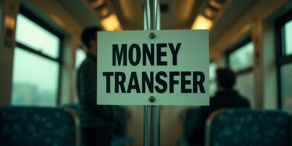 a sign that says money transfer on it and two people standing in the background looking at it in a t