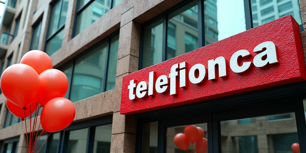 a sign that says telefonica on it in front of a building with balloons in front of it, Carlos Trillo
