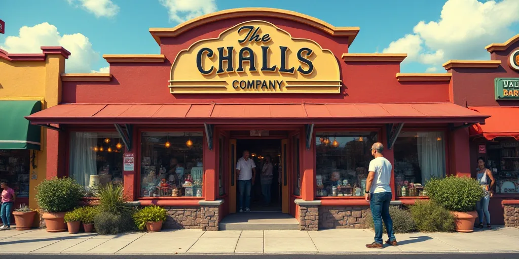 a sign that says the walt company in front of a store with people walking around it and a man walkin