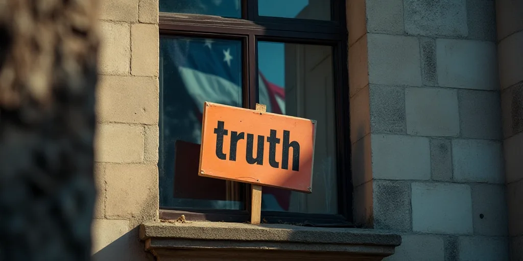 a sign that says truth and a flag behind it in a building with a window that says truth and a flag b