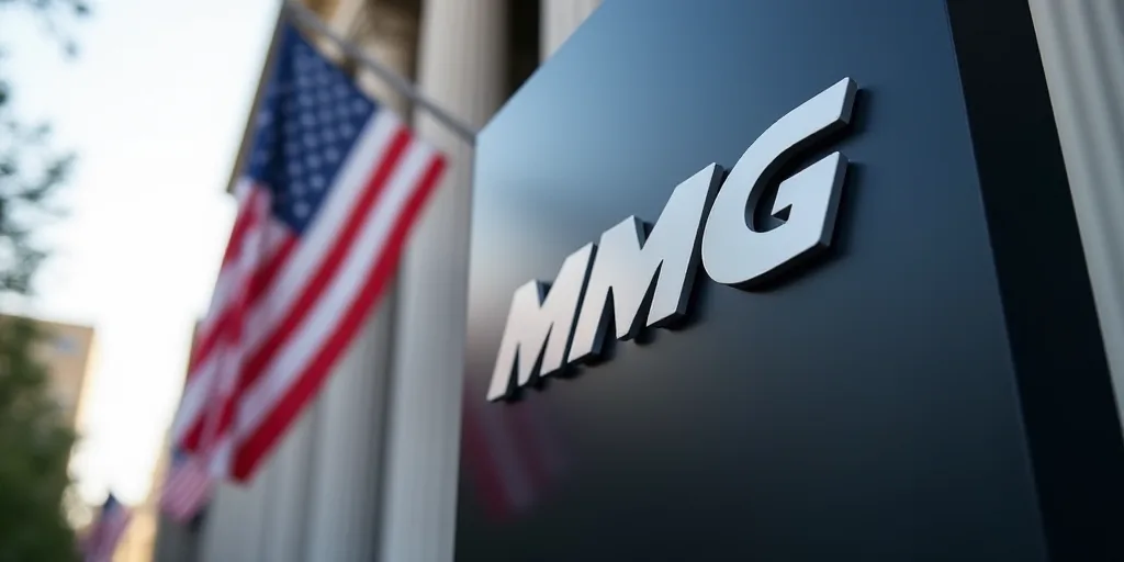 a sign with the logo of the company mmg next to an american flag in the background of a building, An