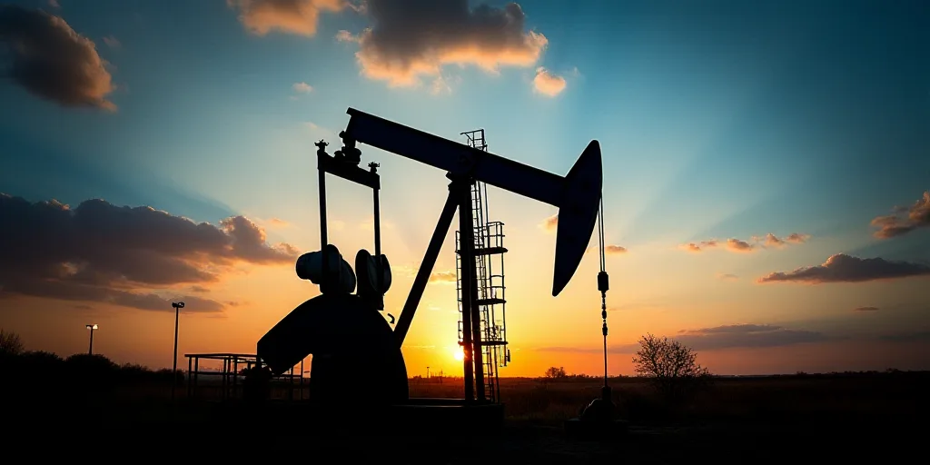 a silhouette of a pump jack and a pipe on a screen with a logo of oil and gas companies, Dahlov Ipca