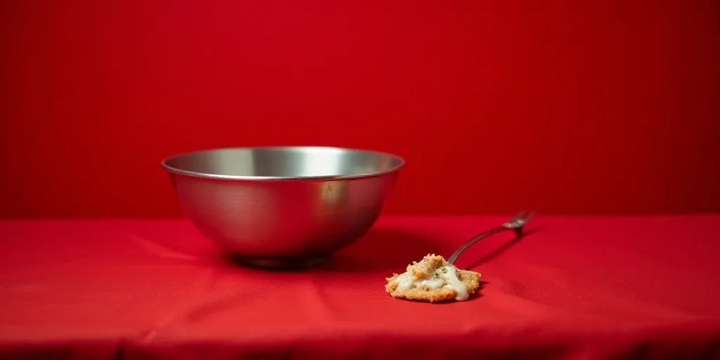 a silver bowl sitting on top of a red table cloth next to a red wall and a red table cloth, Christia