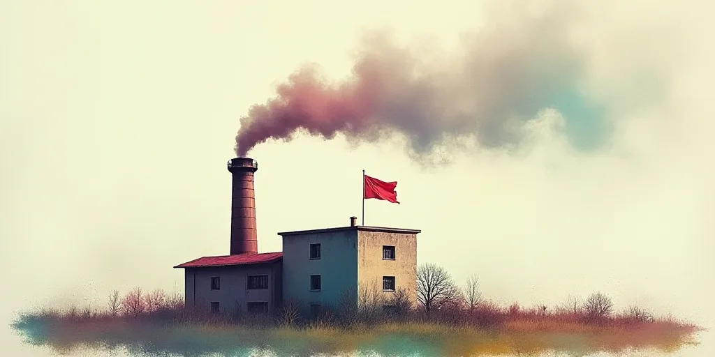 a smokestack on top of a building with a flag on top of it and a flagpole, Banksy, smoke, a pastel,