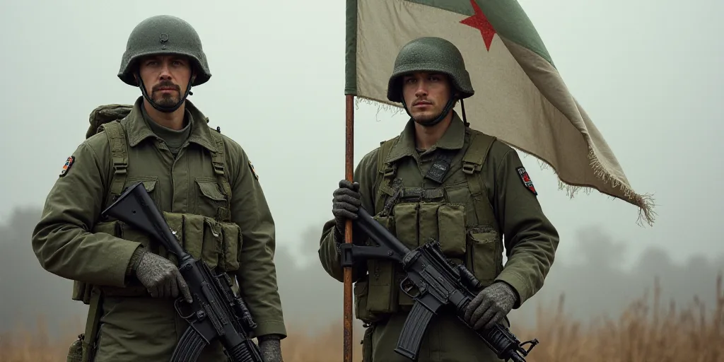 a soldier holding a radio and a gun in his hand while standing next to another soldier with a flag o
