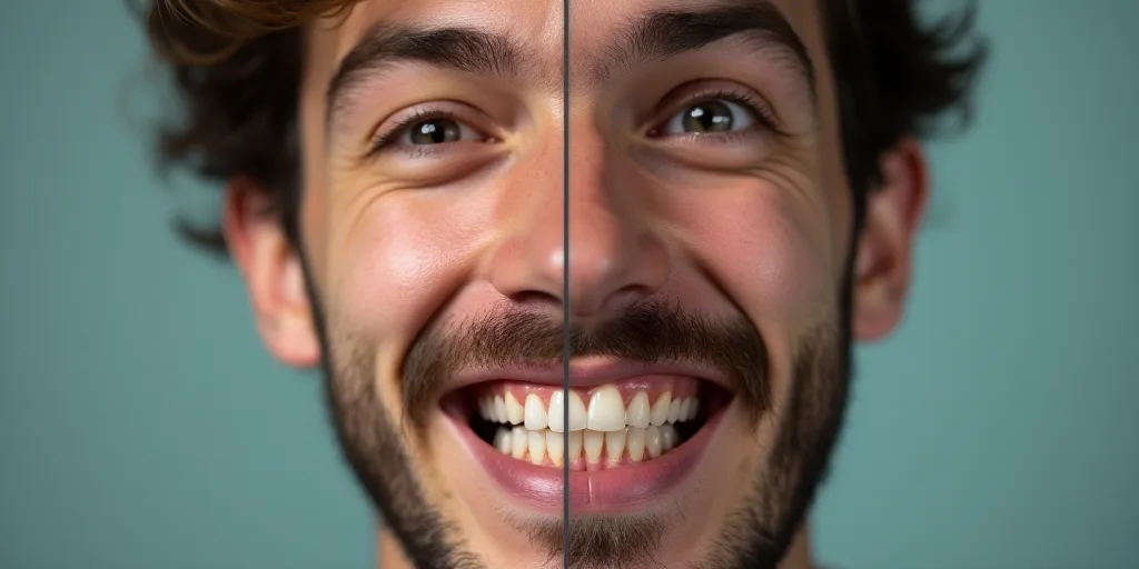 a split photo of a man with a fake tooth and a picture of a man with a fake tooth, Andries Both, fea