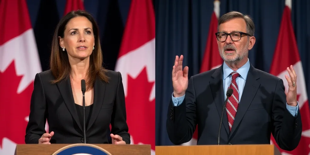 a split photo of a woman and a man speaking at a podium with canadian flags in the background and a