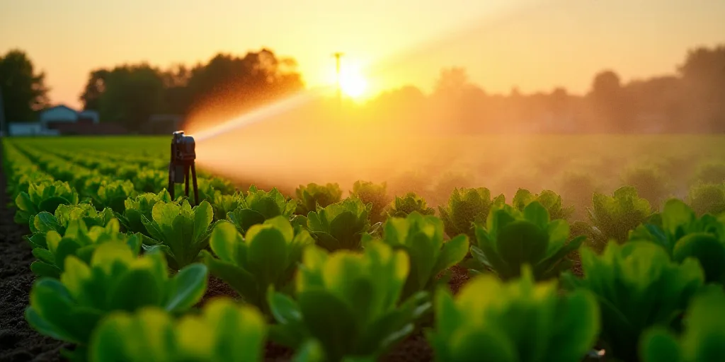 a sprinkler spraying water on a field of lettuce in the evening sun, with a sunset in the background