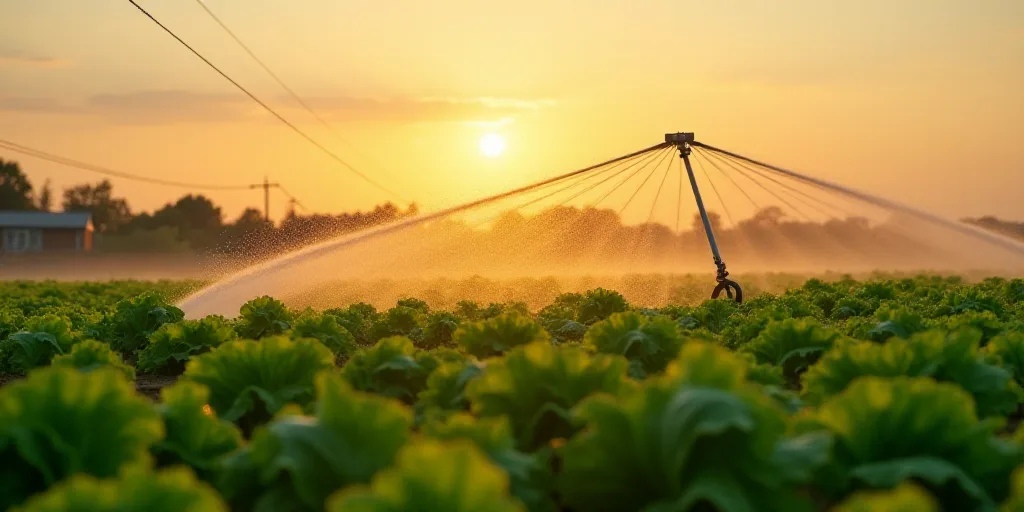 a sprinkler spraying water on a field of lettuce at sunset or dawn in the country, Andreas Gursky, o